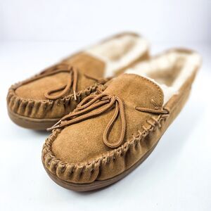 Bearpaw Men’s Moccasin Slippers Chestnut Brown Suede Faux Fur Size 11 New